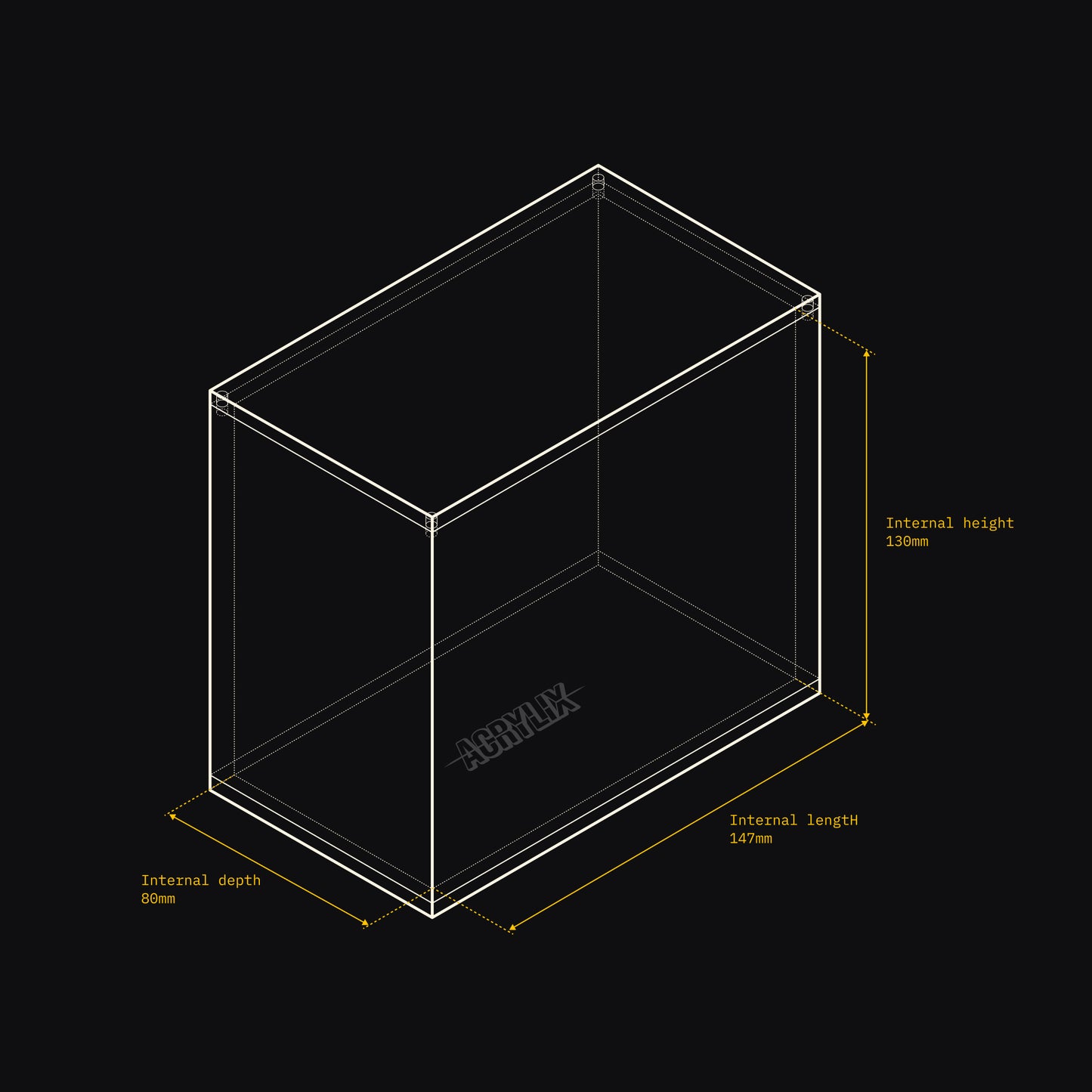 Technical drawing of an Acrylix display case with dimensions on a black background