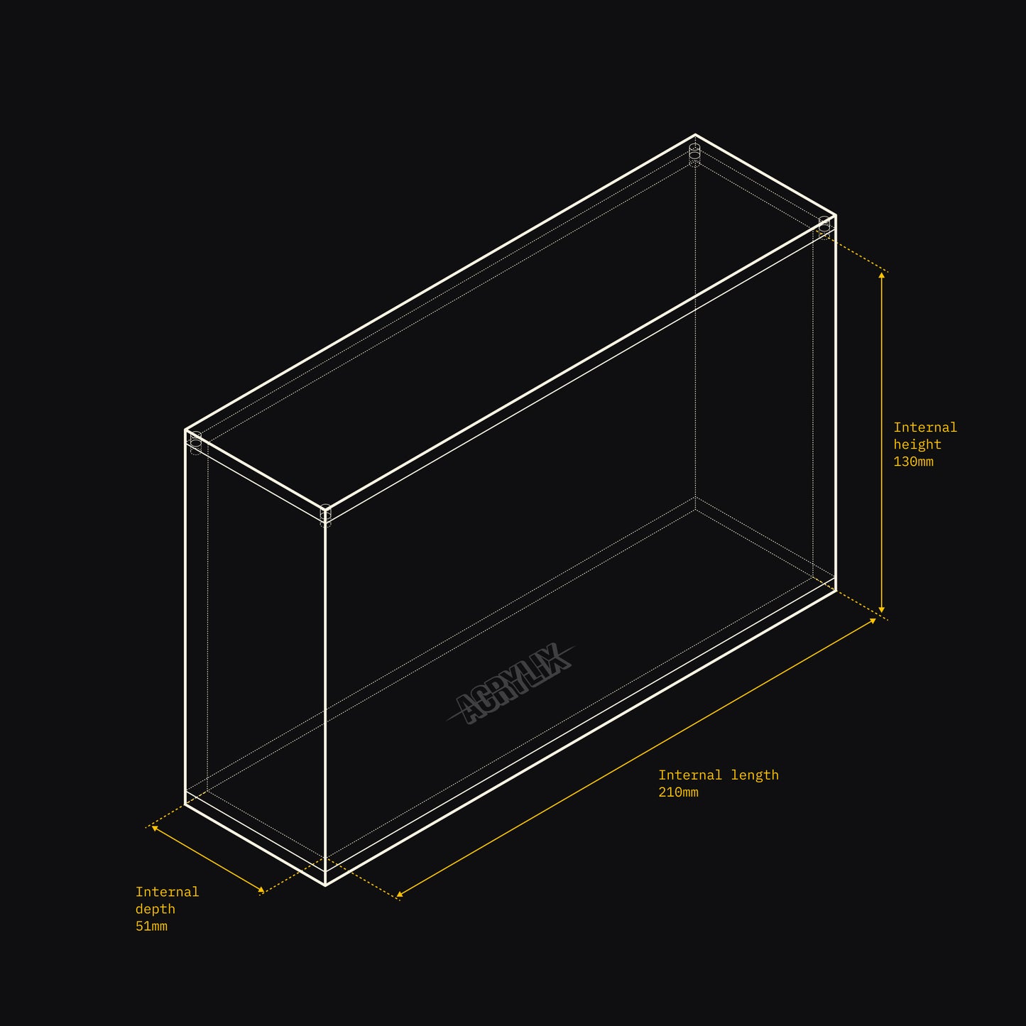Technical drawing of an Acrylix display case with dimensions on a black background