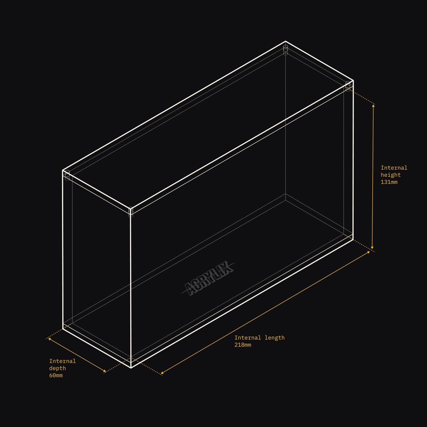 Technical drawing of an Acrylix display case with dimensions on a black background
