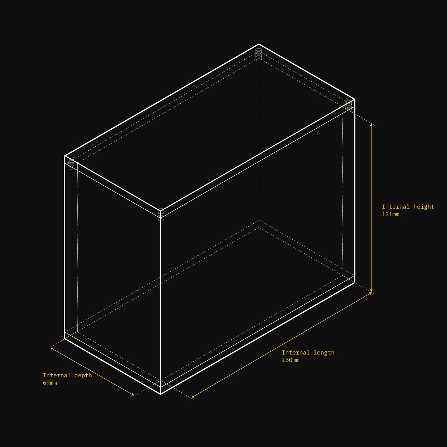 Technical drawing of an Acrylix display case with dimensions on a black background