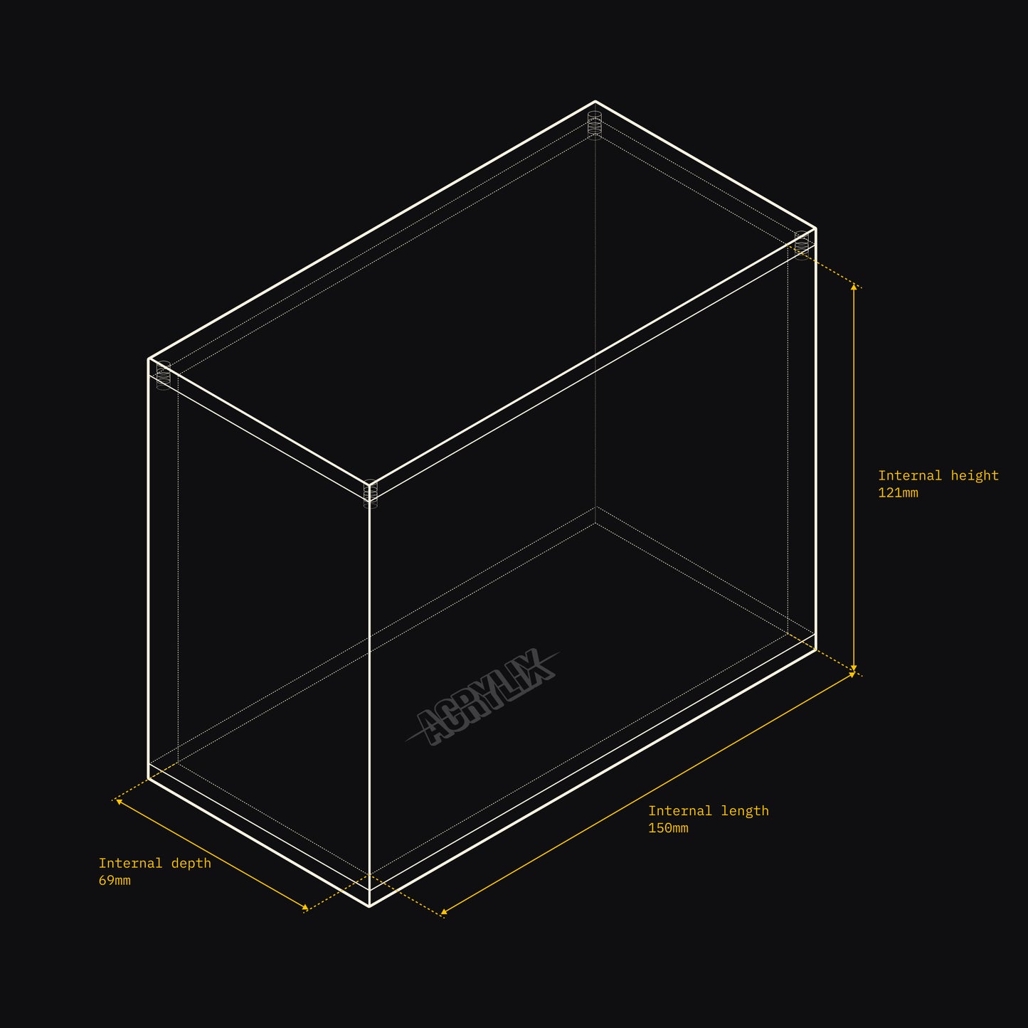 Technical drawing of an Acrylix display case with dimensions on a black background