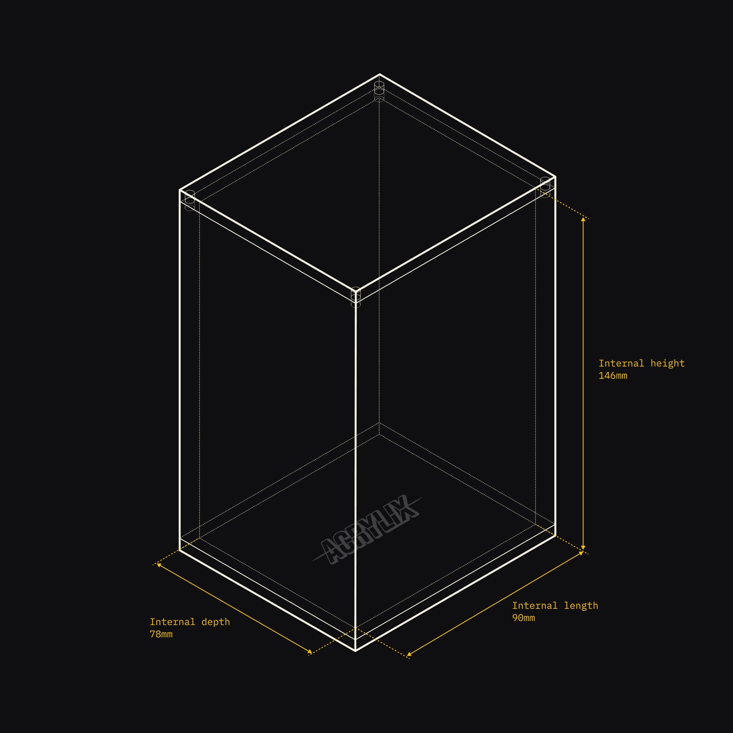 Technical drawing of an Acrylix display case with dimensions on a black background