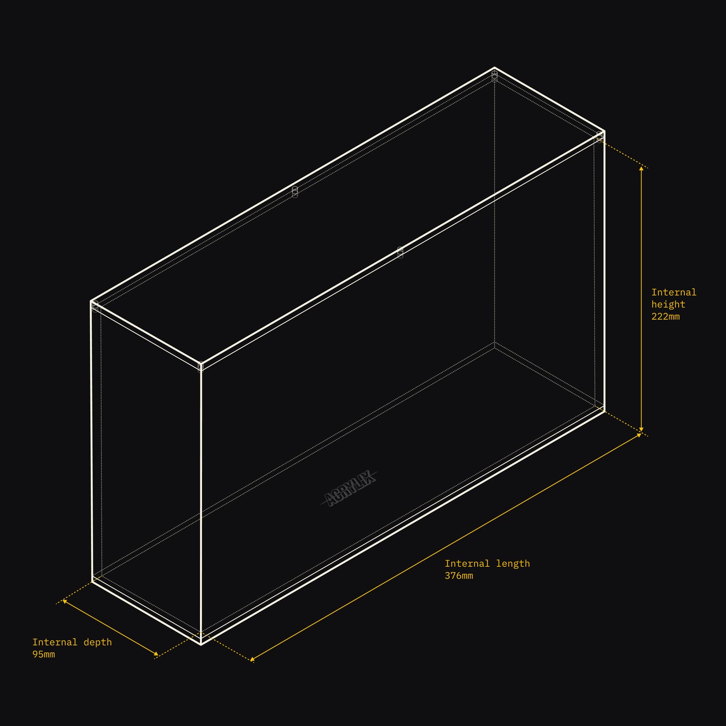 Technical drawing of an Acrylix display case with dimensions on a black background