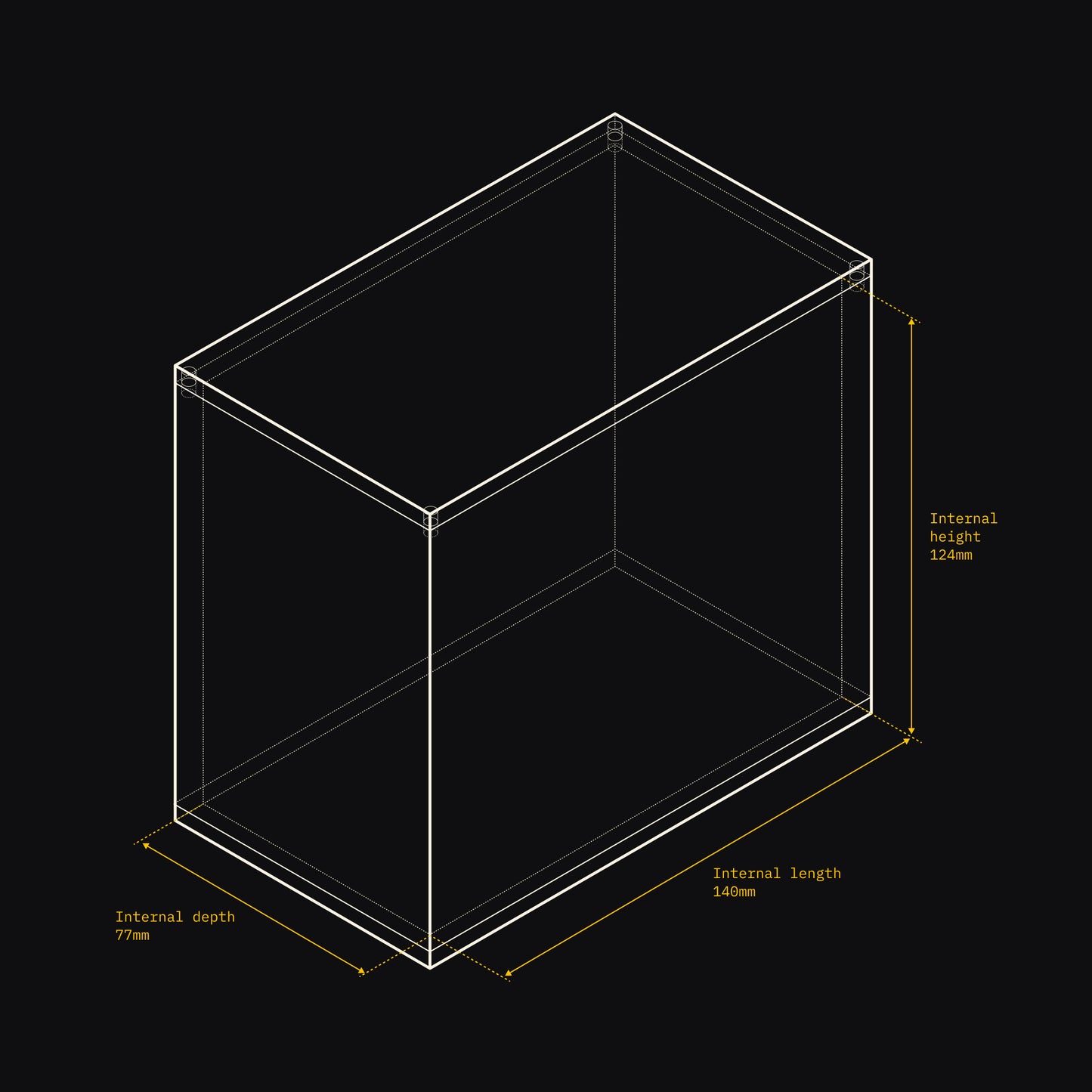 Technical drawing of an Acrylix display case with dimensions on a black background
