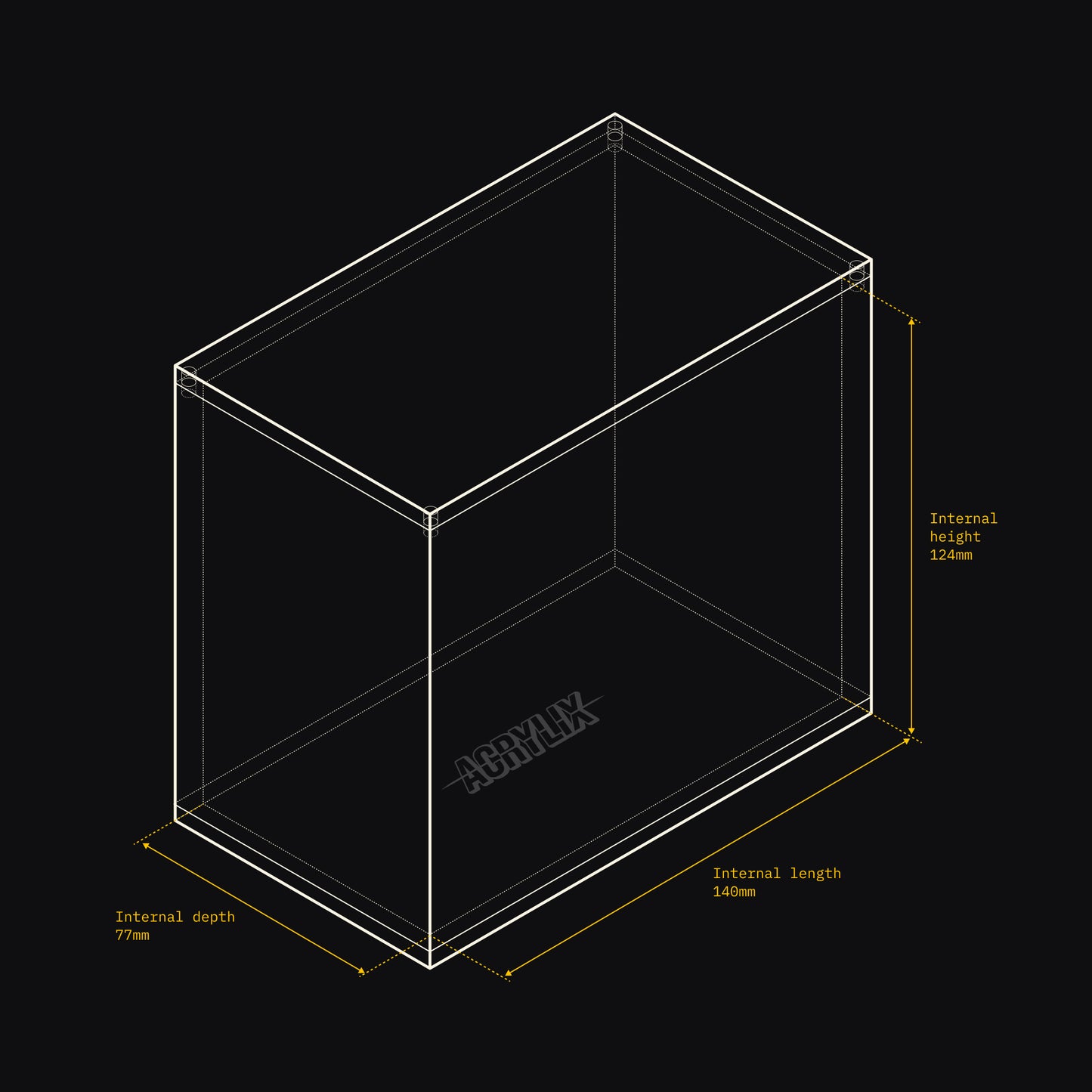 Technical drawing of an Acrylix display case with dimensions on a black background