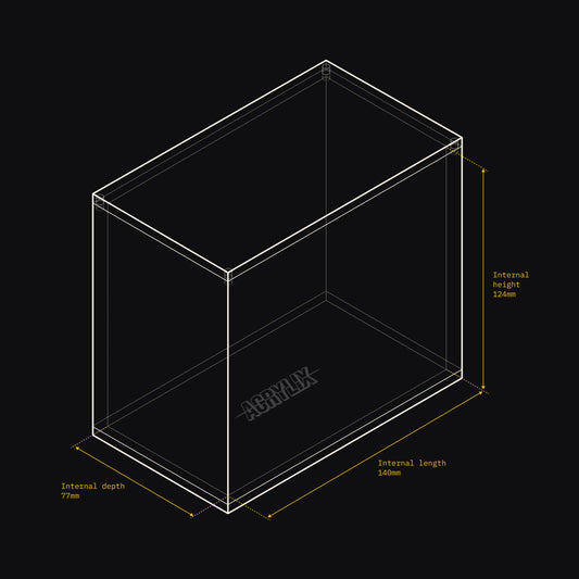Technical drawing of an Acrylix display case with dimensions on a black background