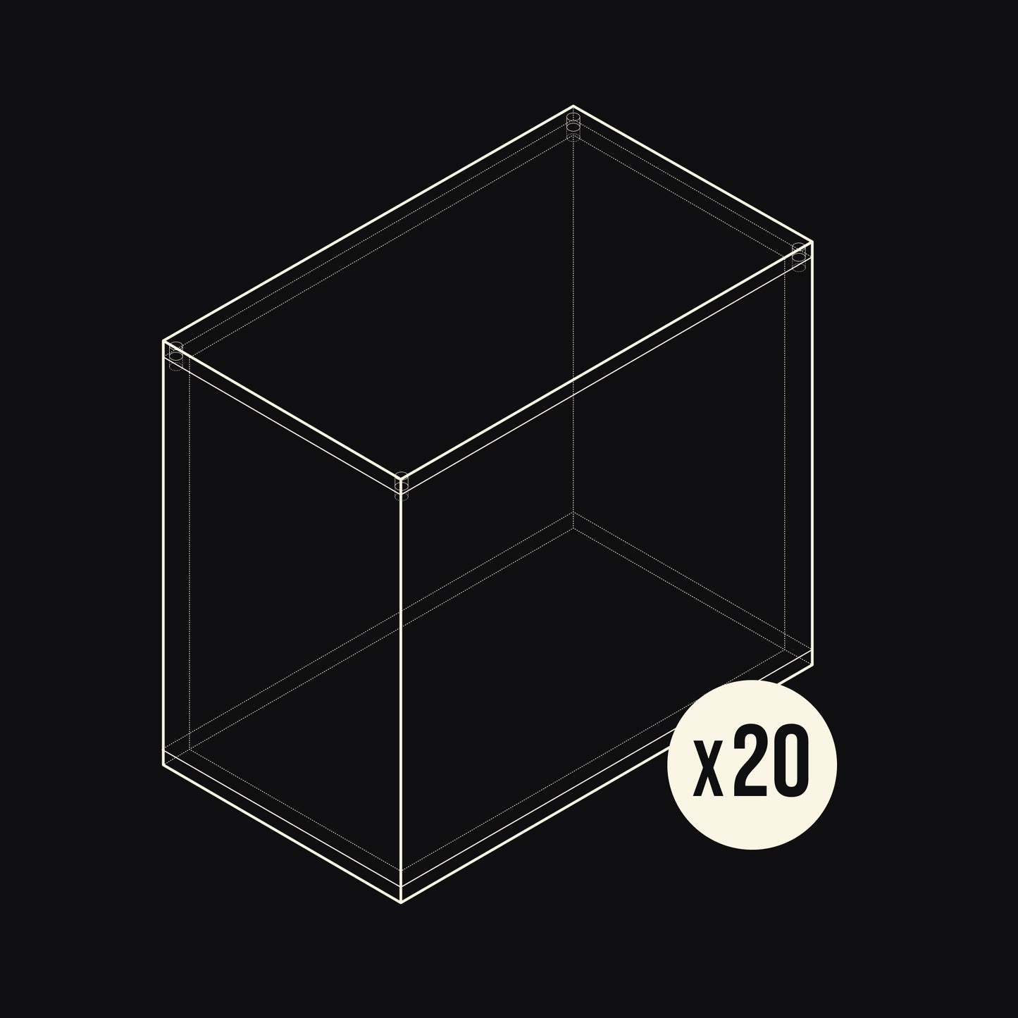 Technical drawing of an Acrylix display case with a 'x20' label on a black background