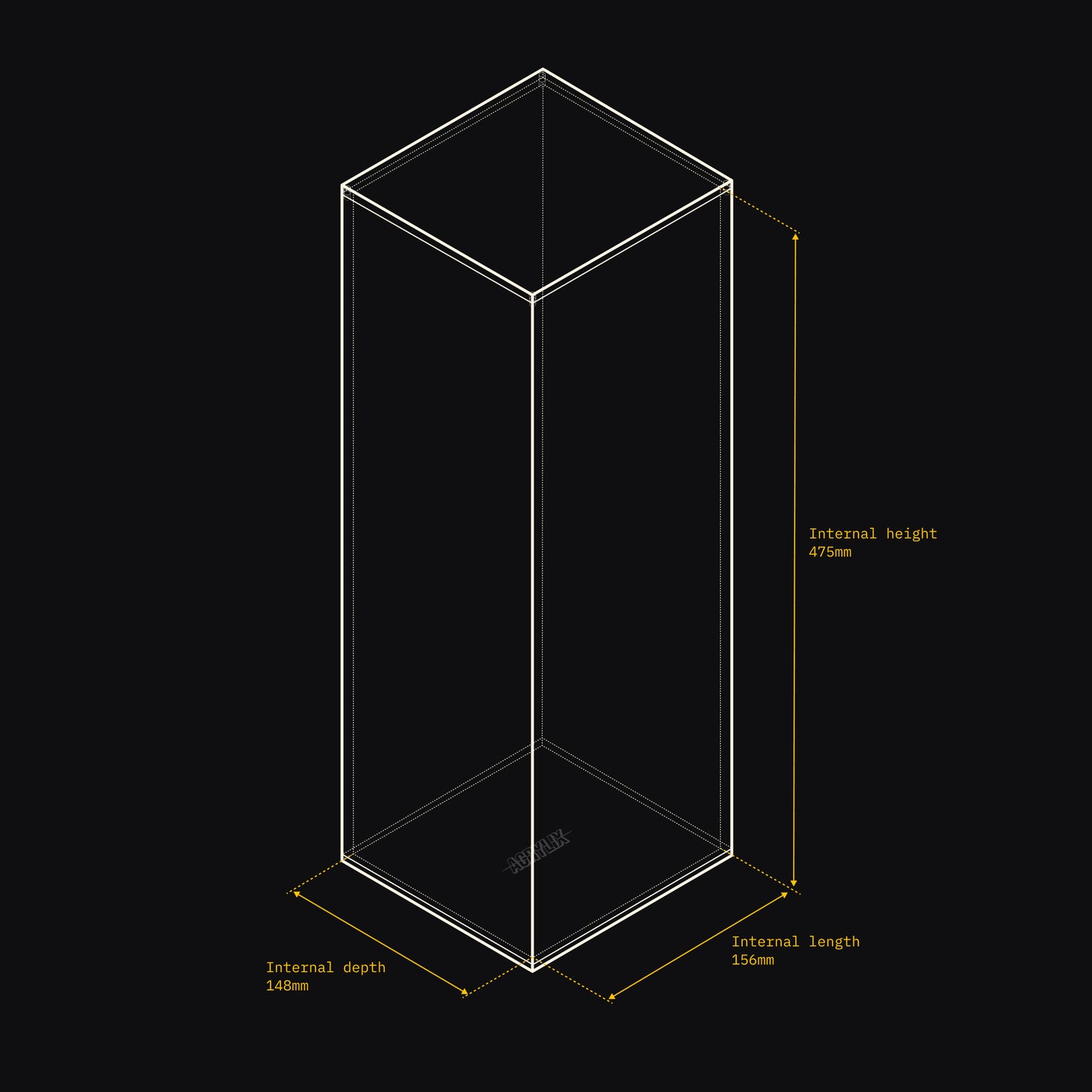 Technical drawing of an Acrylix display case with dimensions on a black background