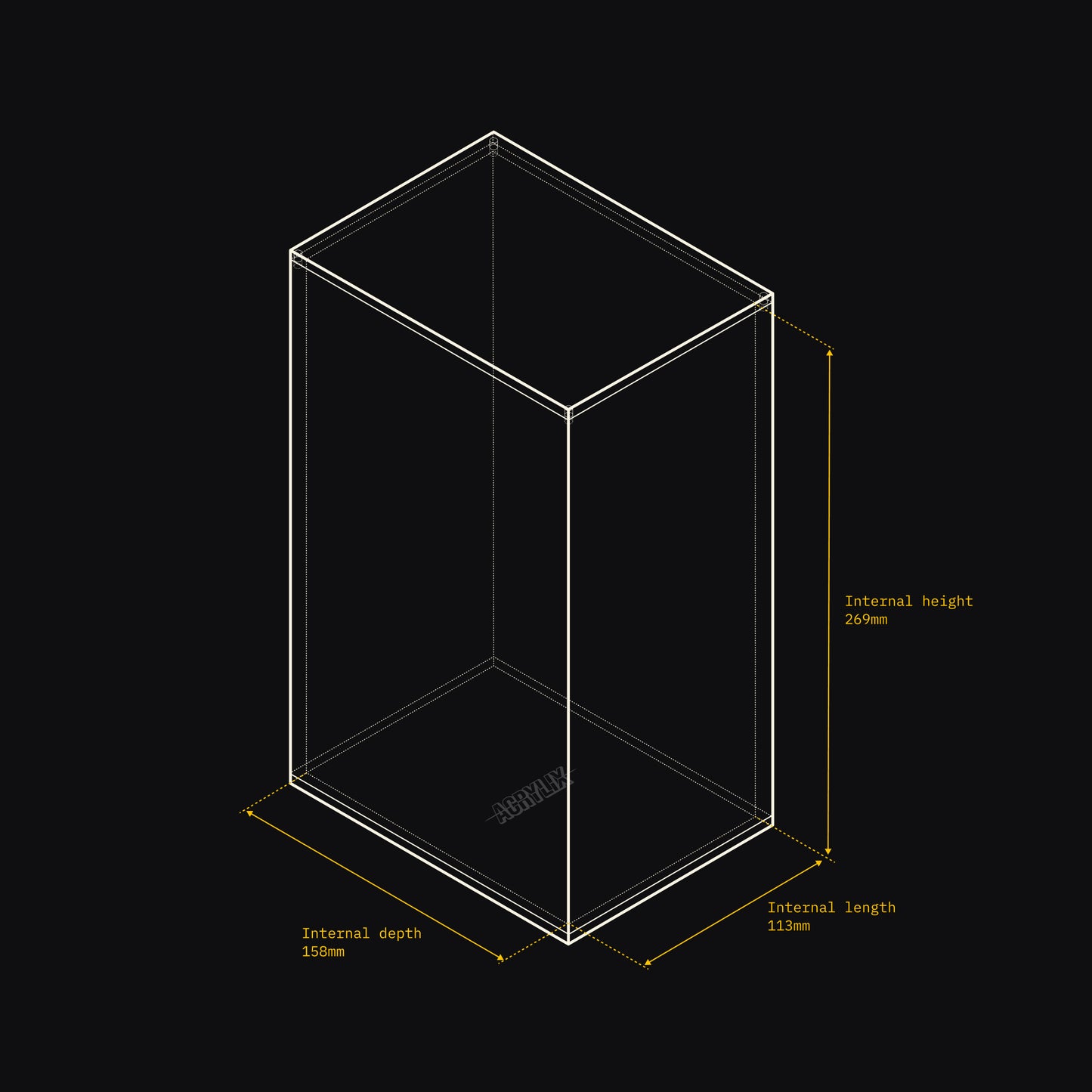 Technical drawing of an Acrylix display case with dimensions on a black background