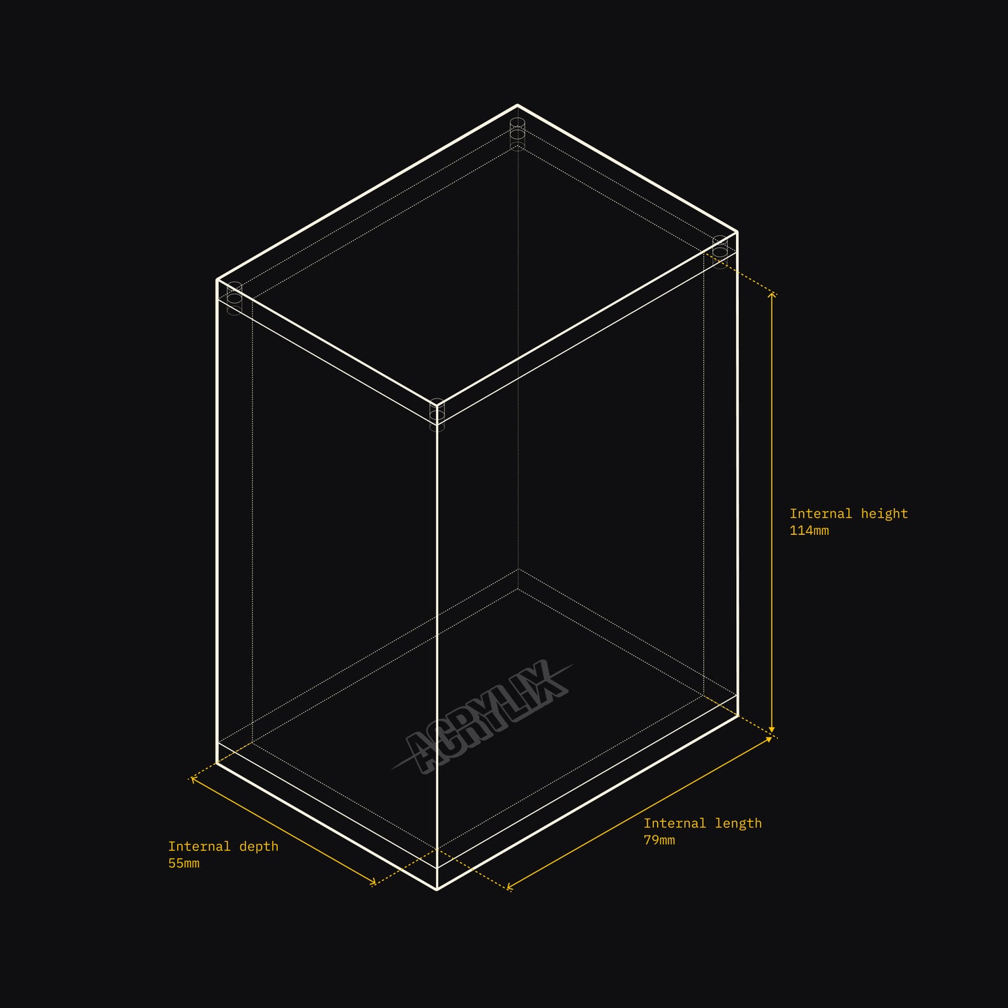 Technical drawing of an Acrylix display case with dimensions on a black background