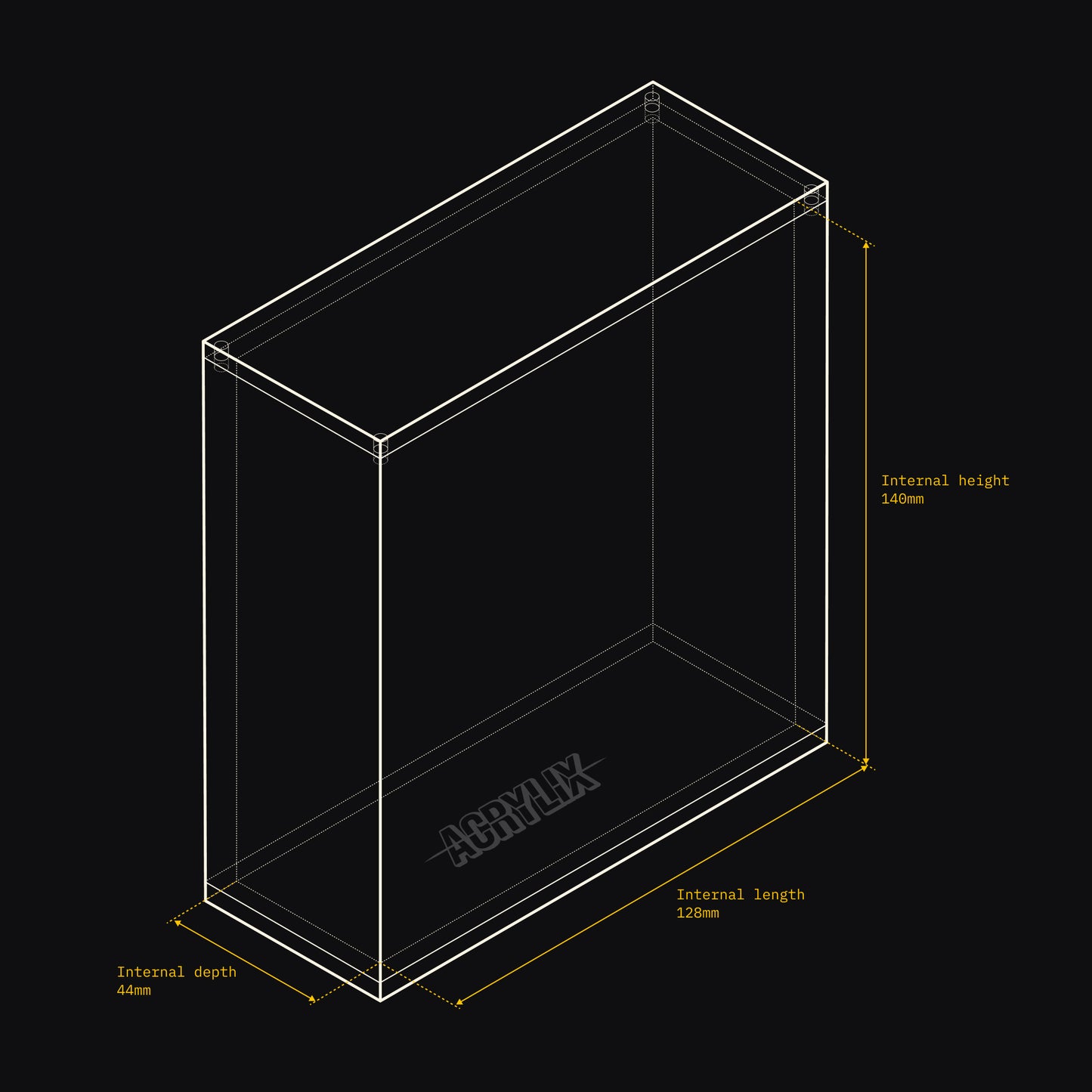 Technical drawing of an Acrylix display case with dimensions on a black background