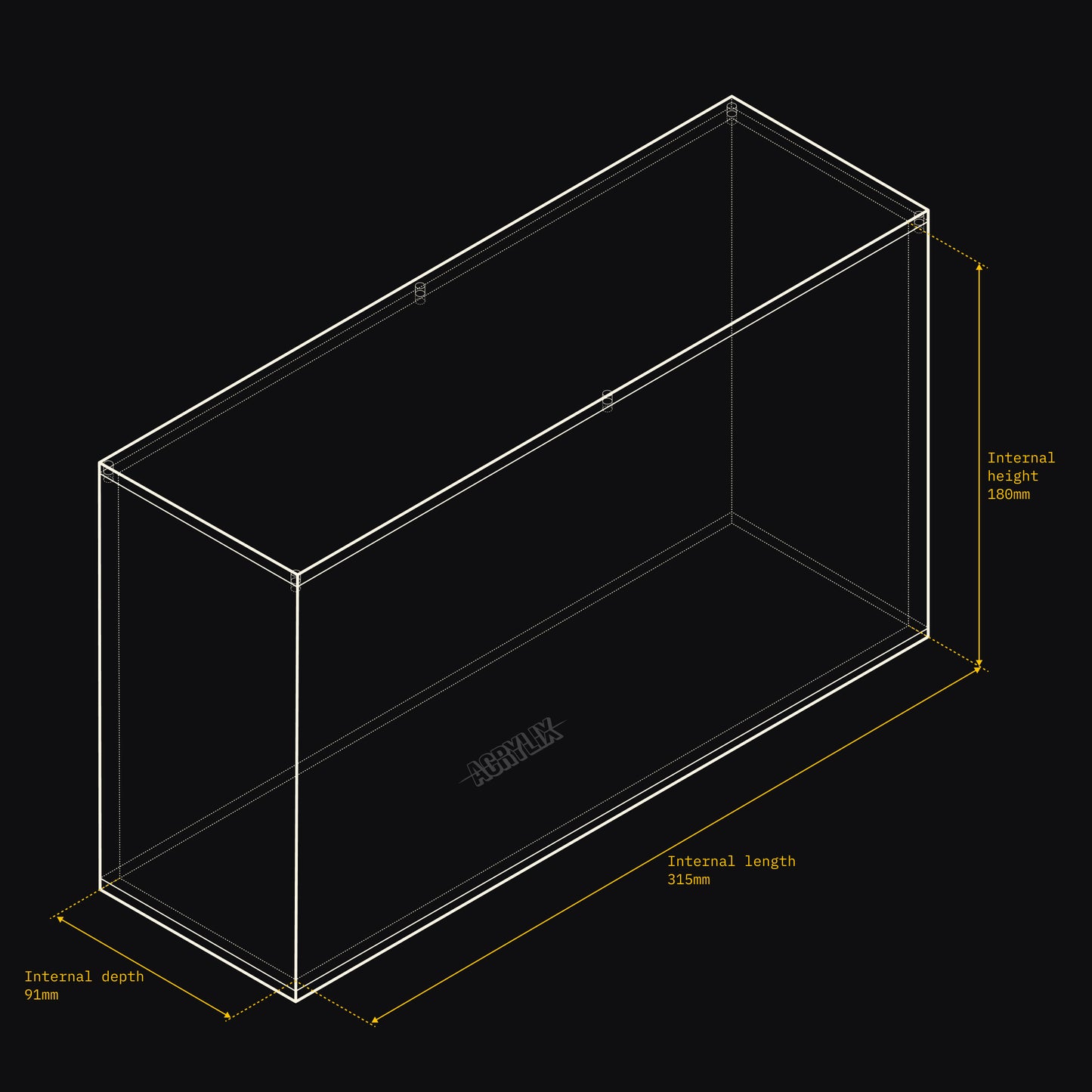 Technical drawing of an Acrylix display case with dimensions on a black background