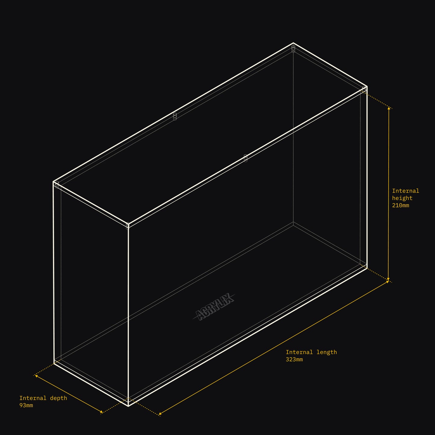 Technical drawing of an Acrylix display case with dimensions on a black background