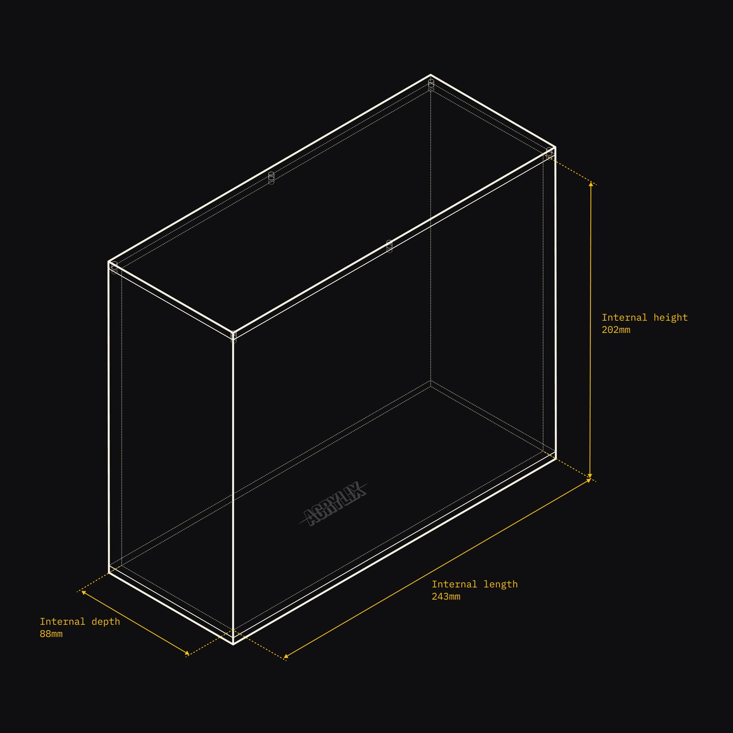 Technical drawing of an Acrylix display case with dimensions on a black background