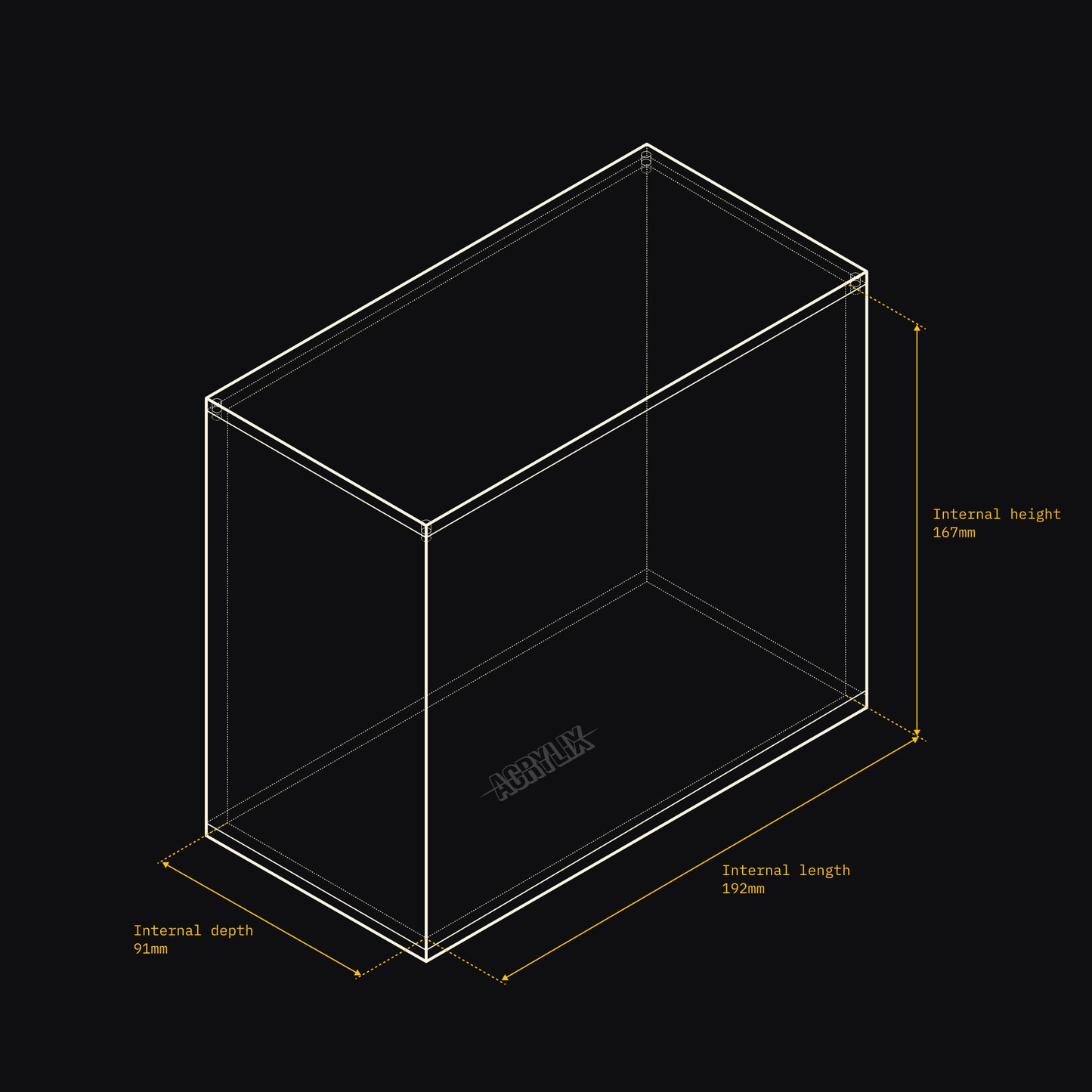 Technical drawing of an Acrylix display case with dimensions on a black background