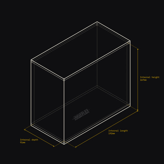 Technical drawing of an Acrylix display case with dimensions on a black background