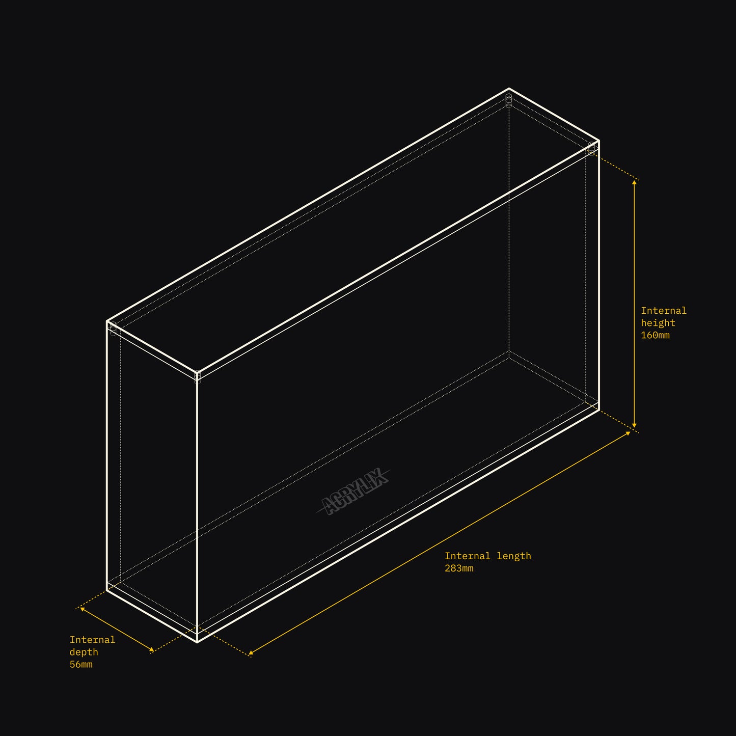 Technical drawing of an Acrylix display case with dimensions on a black background
