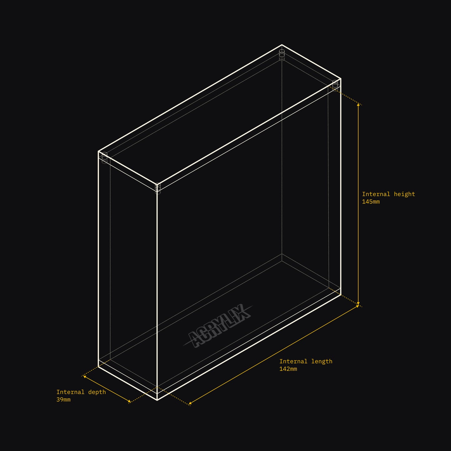 Technical drawing of an Acrylix display case with dimensions on a black background
