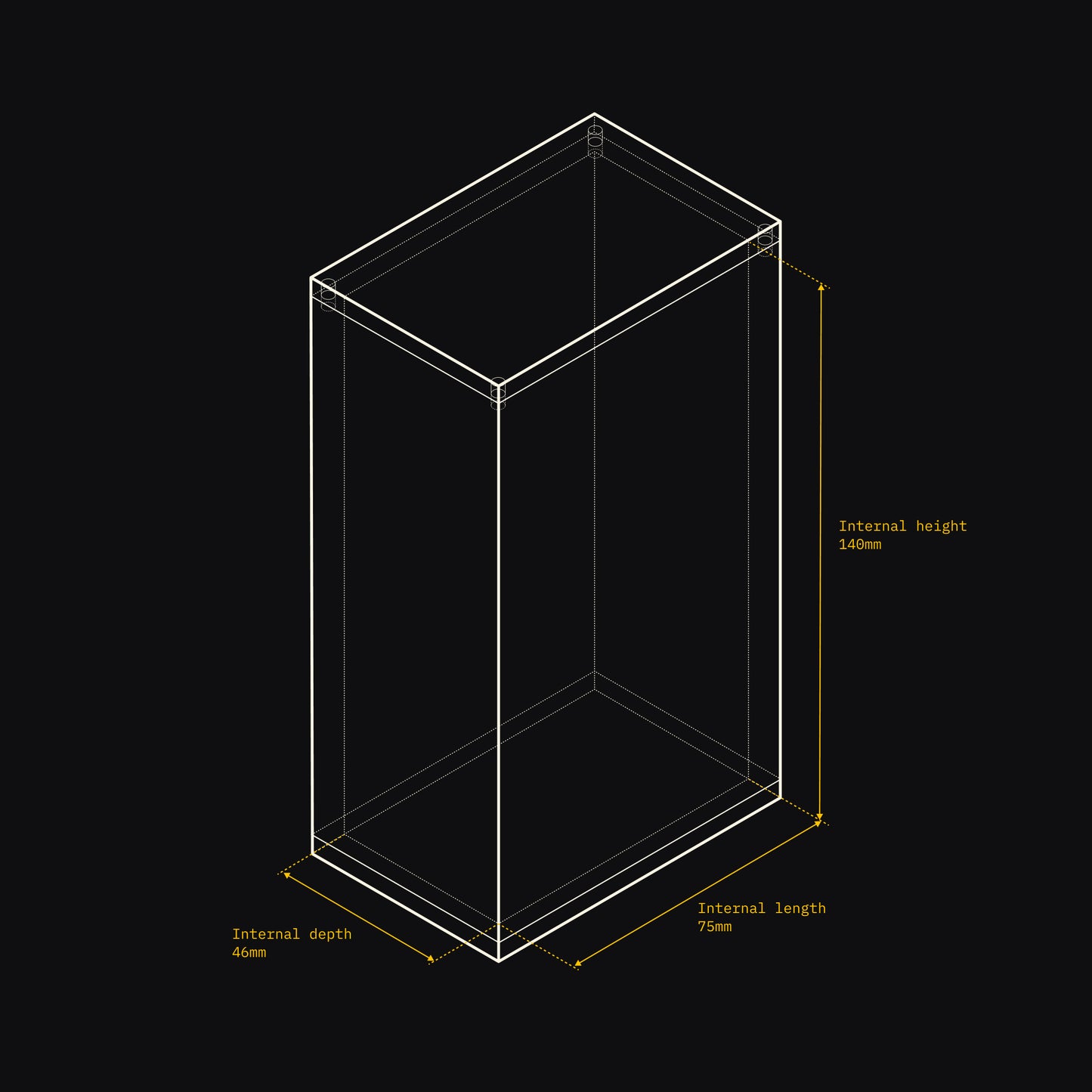 Technical drawing of an Acrylix display case with dimensions on a black background