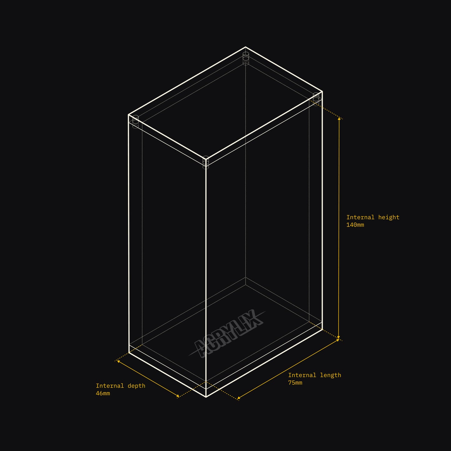 Technical drawing of an Acrylix display case with dimensions on a black background