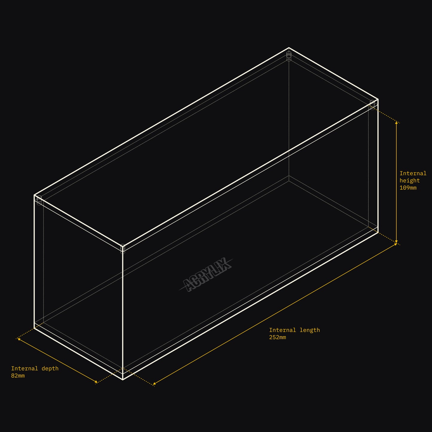 Technical drawing of an Acrylix display case with dimensions on a black background