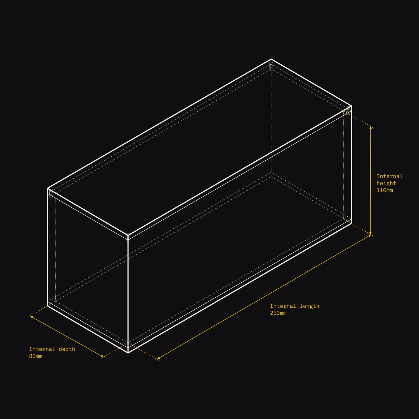 Technical drawing of an Acrylix display case with dimensions on a black background