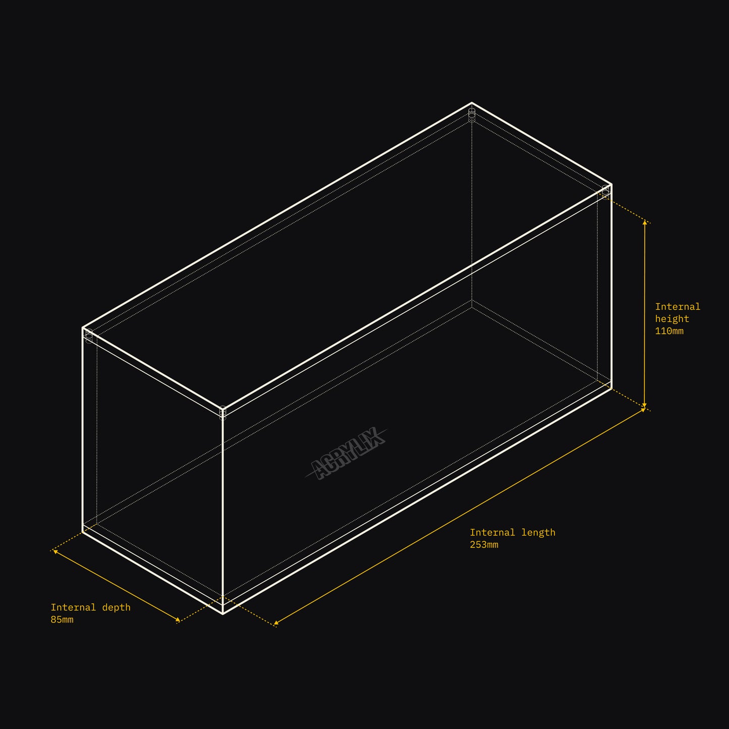 Technical drawing of an Acrylix display case with dimensions on a black background
