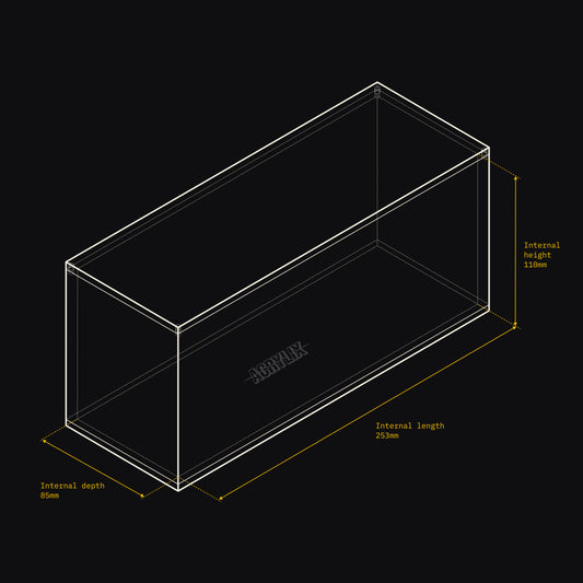 Technical drawing of an Acrylix display case with dimensions on a black background