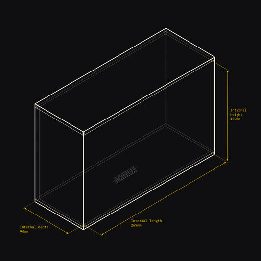 Technical drawing of an Acrylix display case with dimensions on a black background