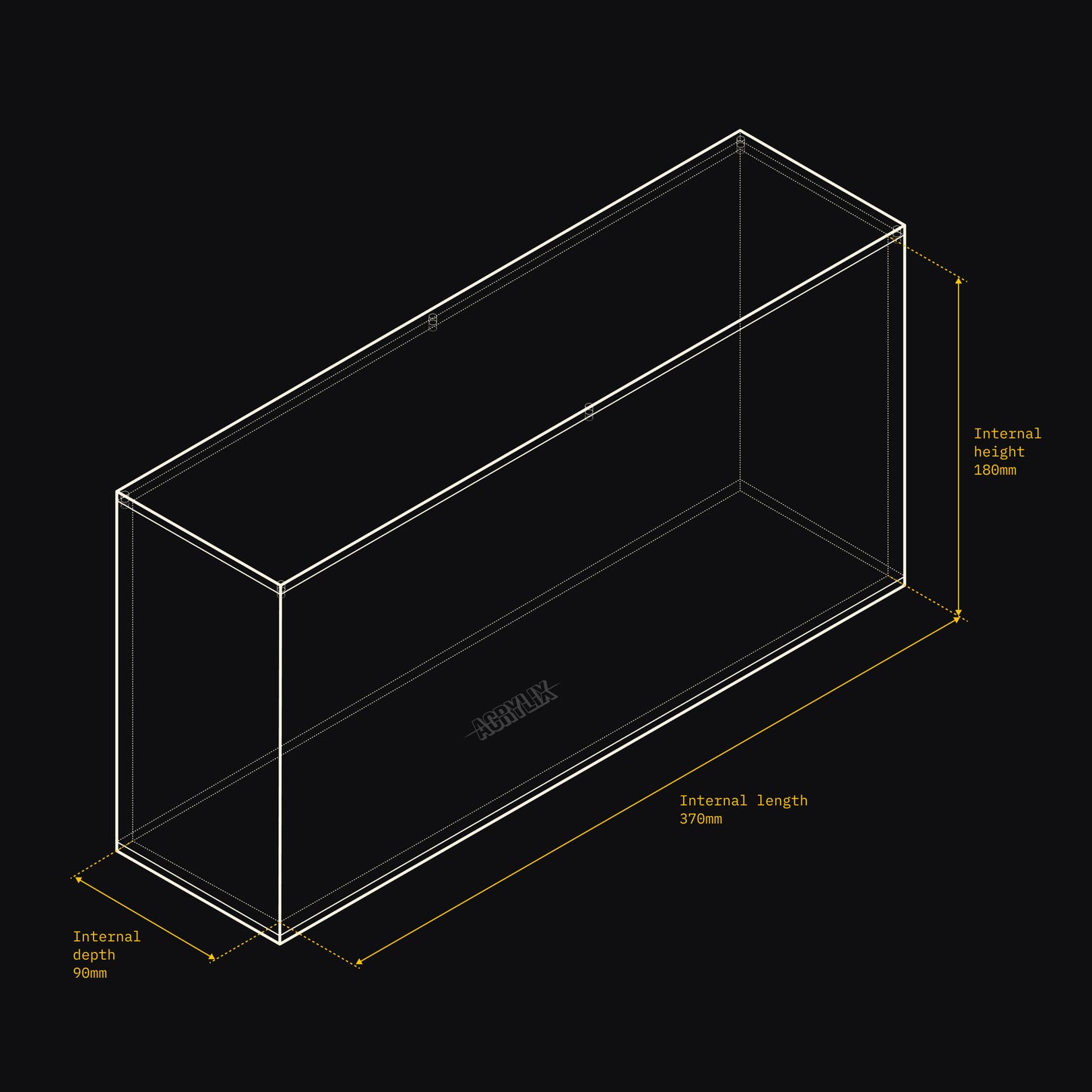 Technical drawing of an Acrylix display case with dimensions on a black background