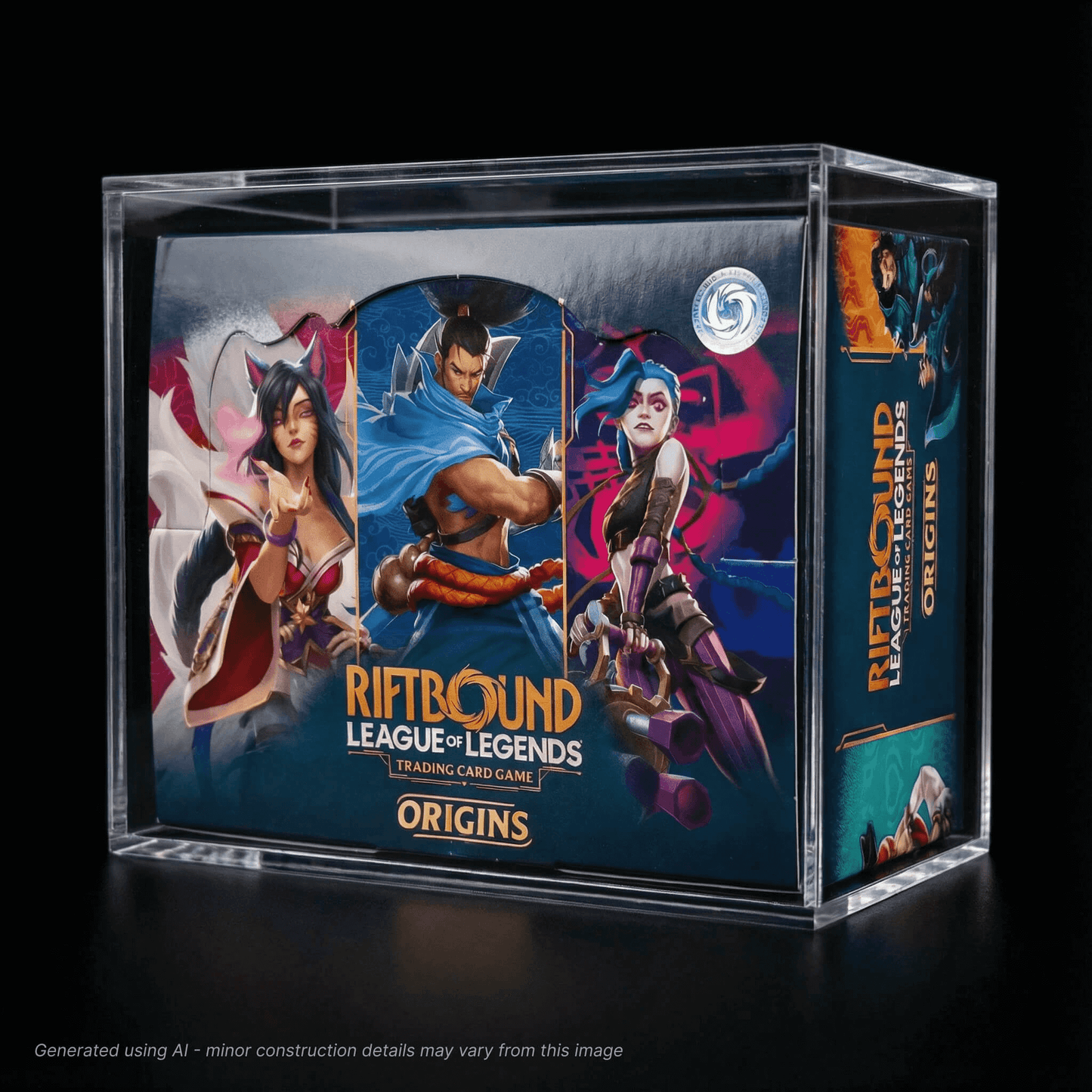 Riftbound League of Legends trading card game box with character illustrations on a black background