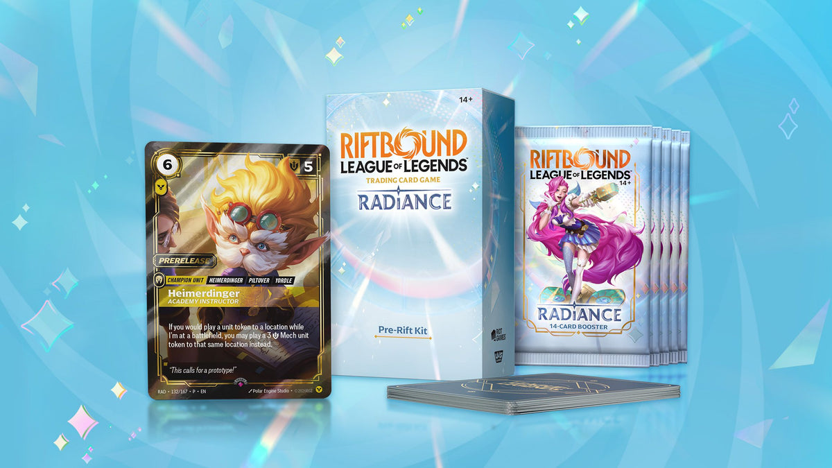 Riftbound Radiance Pre-Rift kit box next to a stack of Radiance booster packs showing Seraphine, with a foil Heimerdinger prerelease promo card on the left.