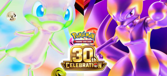Mew and Mewtwo with the Pokémon TCG 30th Celebration logo