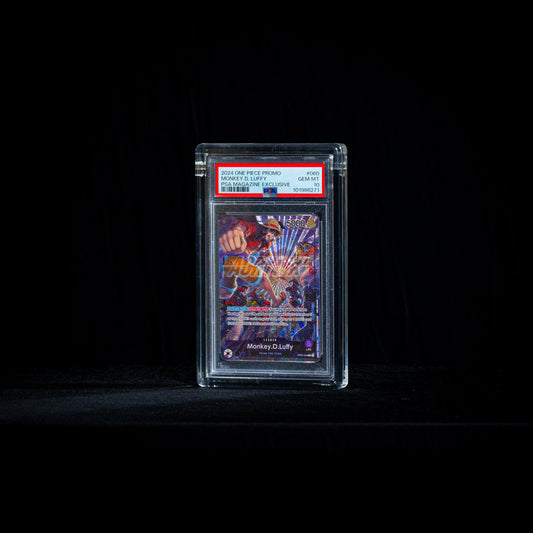 Graded card acrylic case holding a PSA-graded One Piece card, front view – ACRYLIX