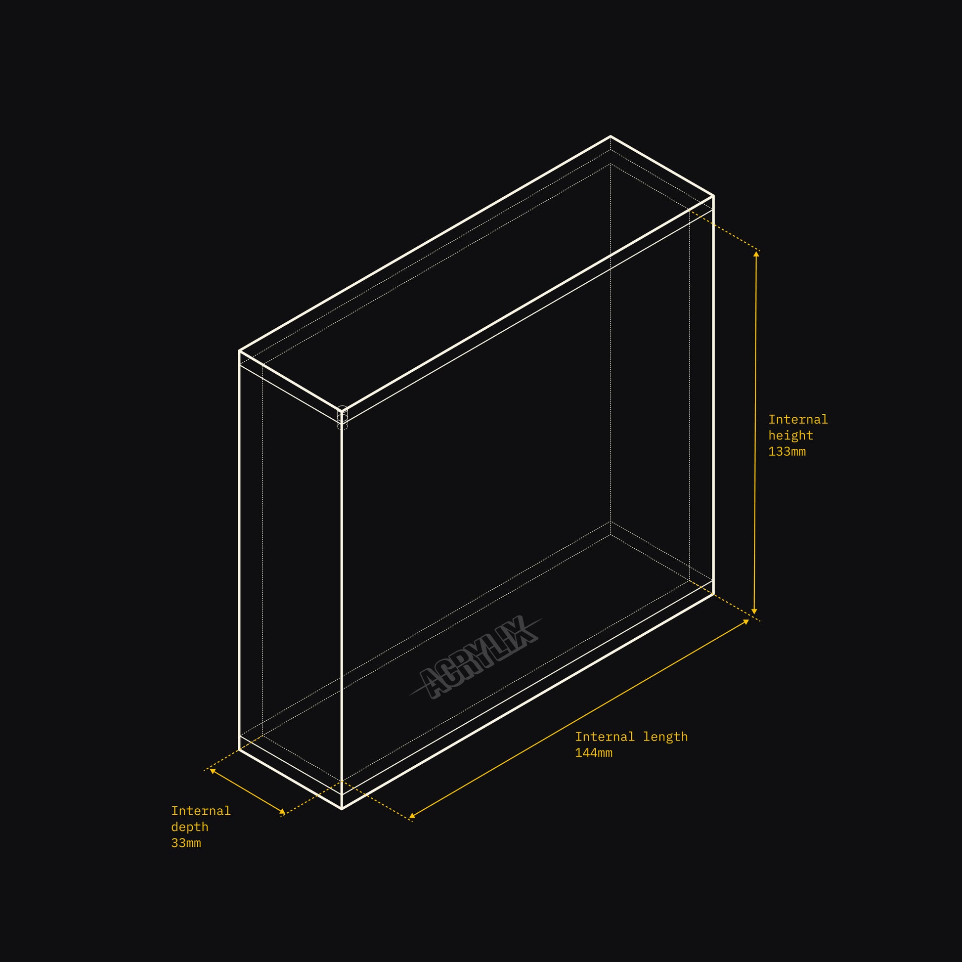 Technical drawing of an Acrylix display case with dimensions on a black background