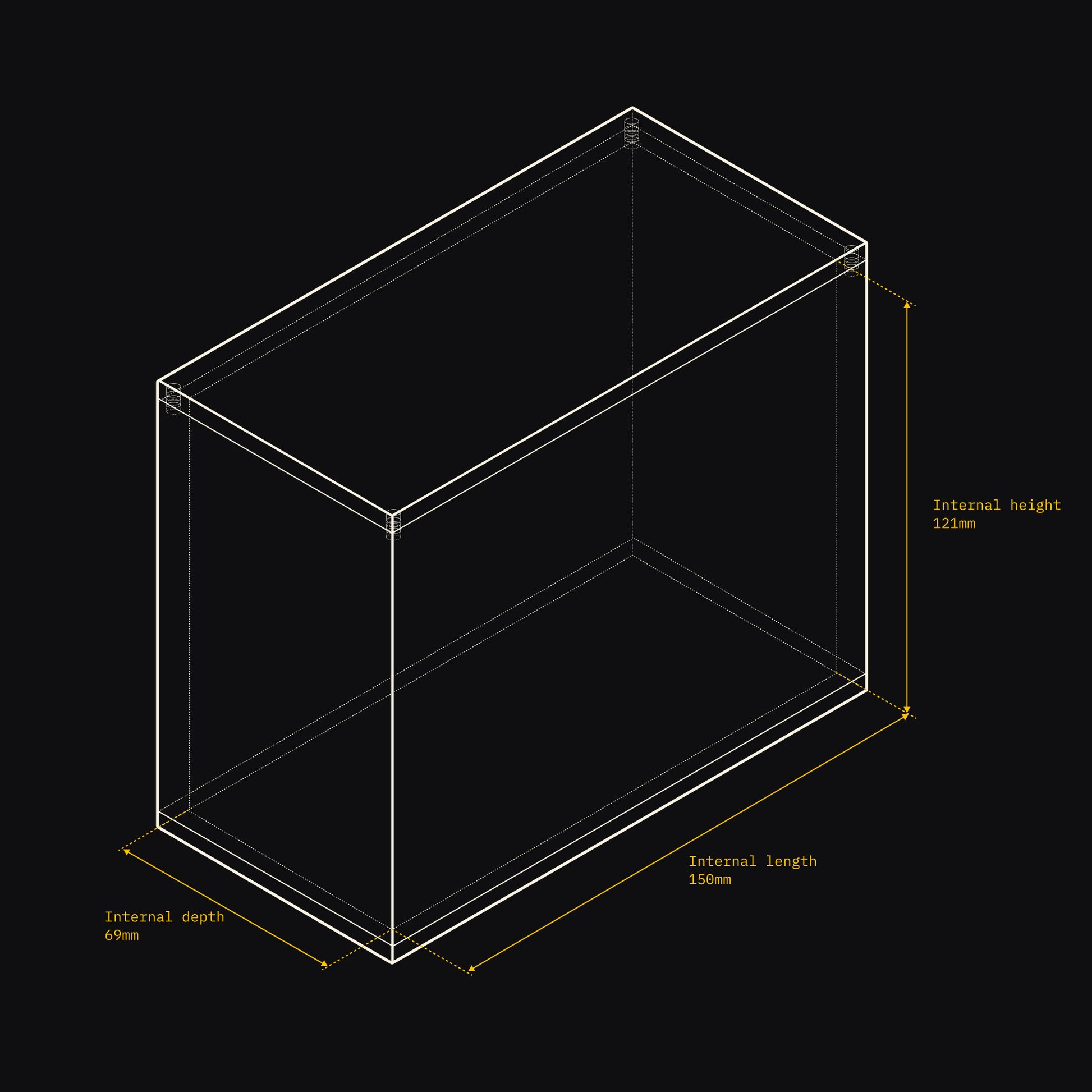 Technical drawing of an Acrylix display case with dimensions on a black background