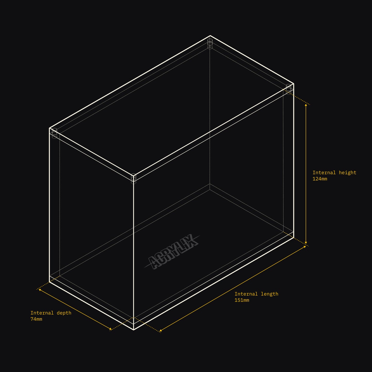 Technical drawing of an Acrylix display case with dimensions on a black background