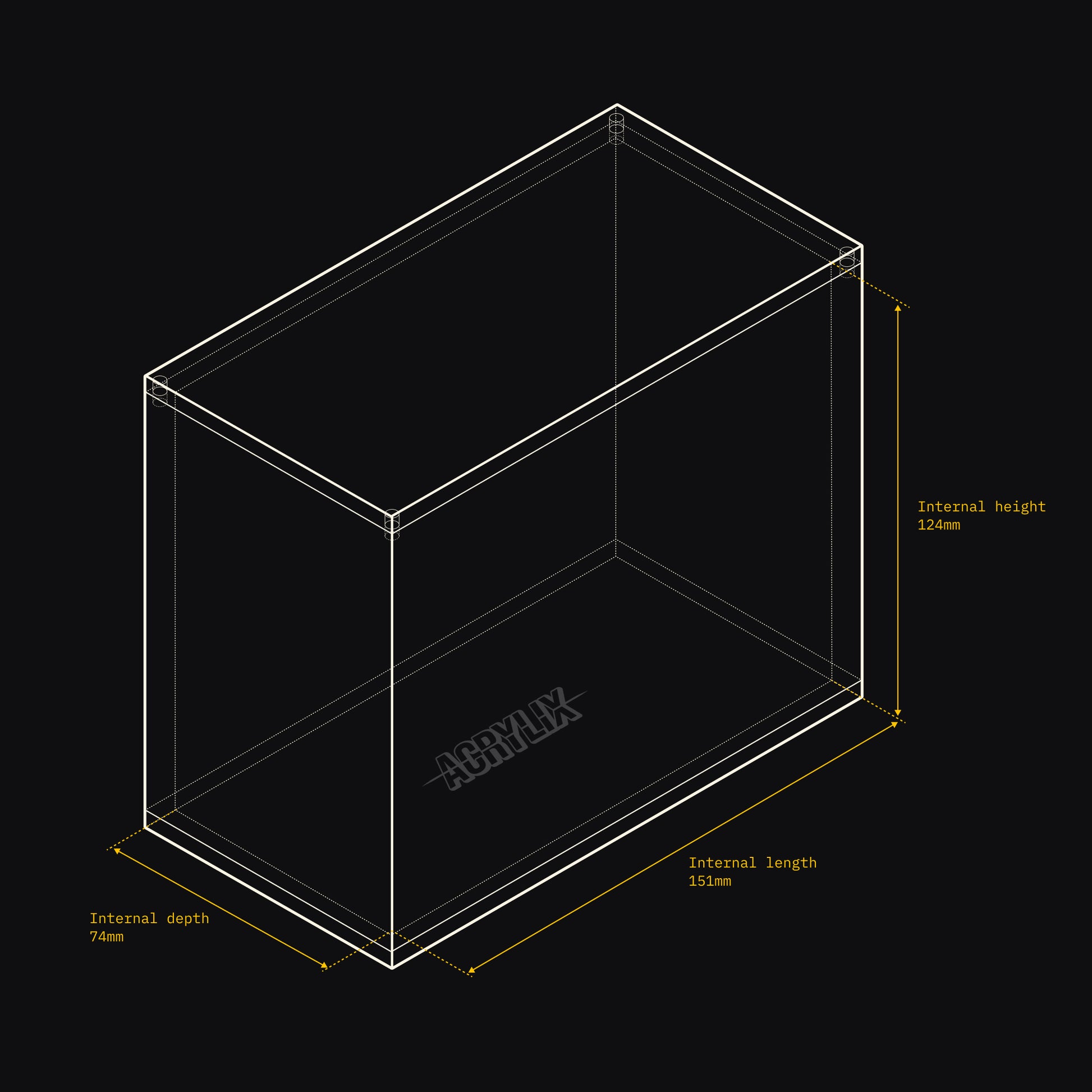 Technical drawing of an Acrylix display case with dimensions on a black background
