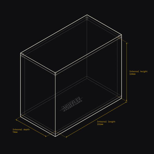 Technical drawing of an Acrylix display case with dimensions on a black background