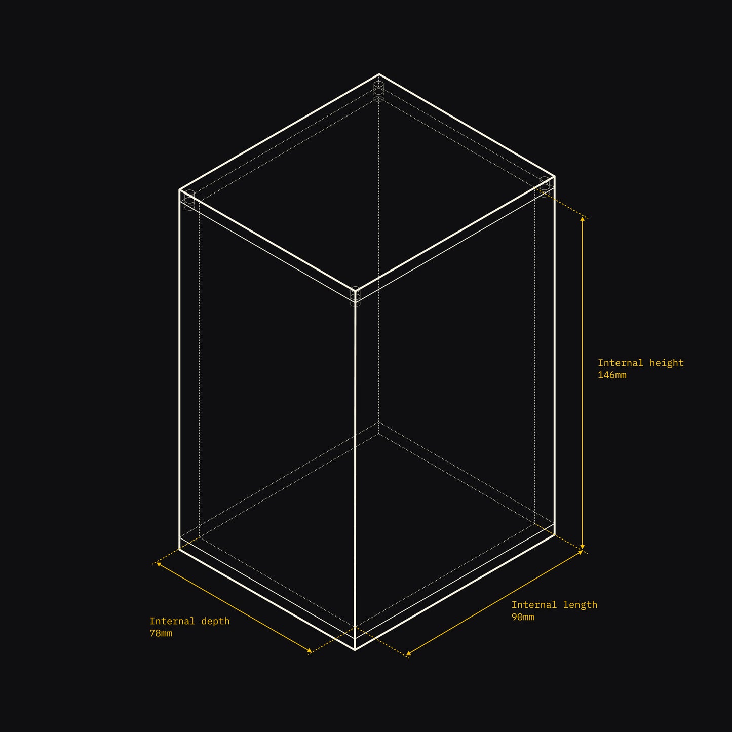 Technical drawing of an Acrylix display case with dimensions on a black background