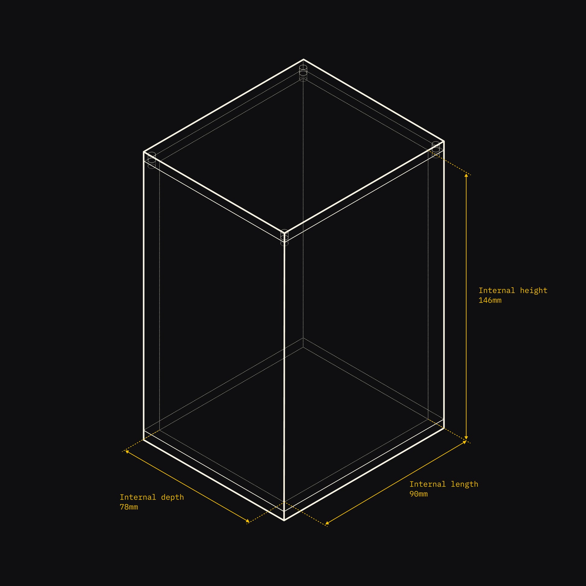 Technical drawing of an Acrylix display case with dimensions on a black background