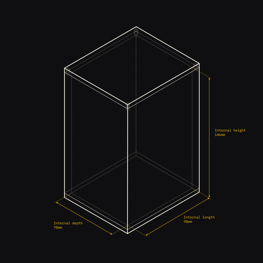 Technical drawing of an Acrylix display case with dimensions on a black background