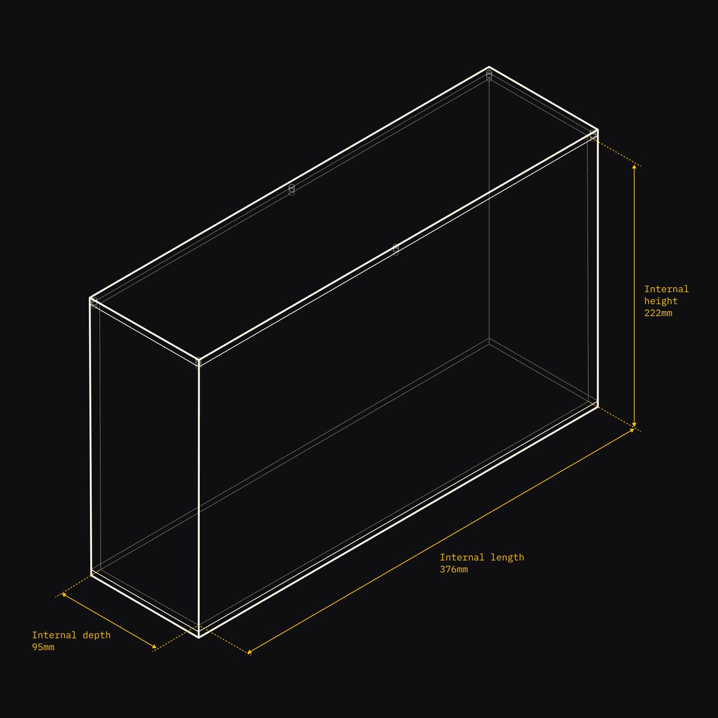 Technical drawing of an Acrylix display case with dimensions on a black background