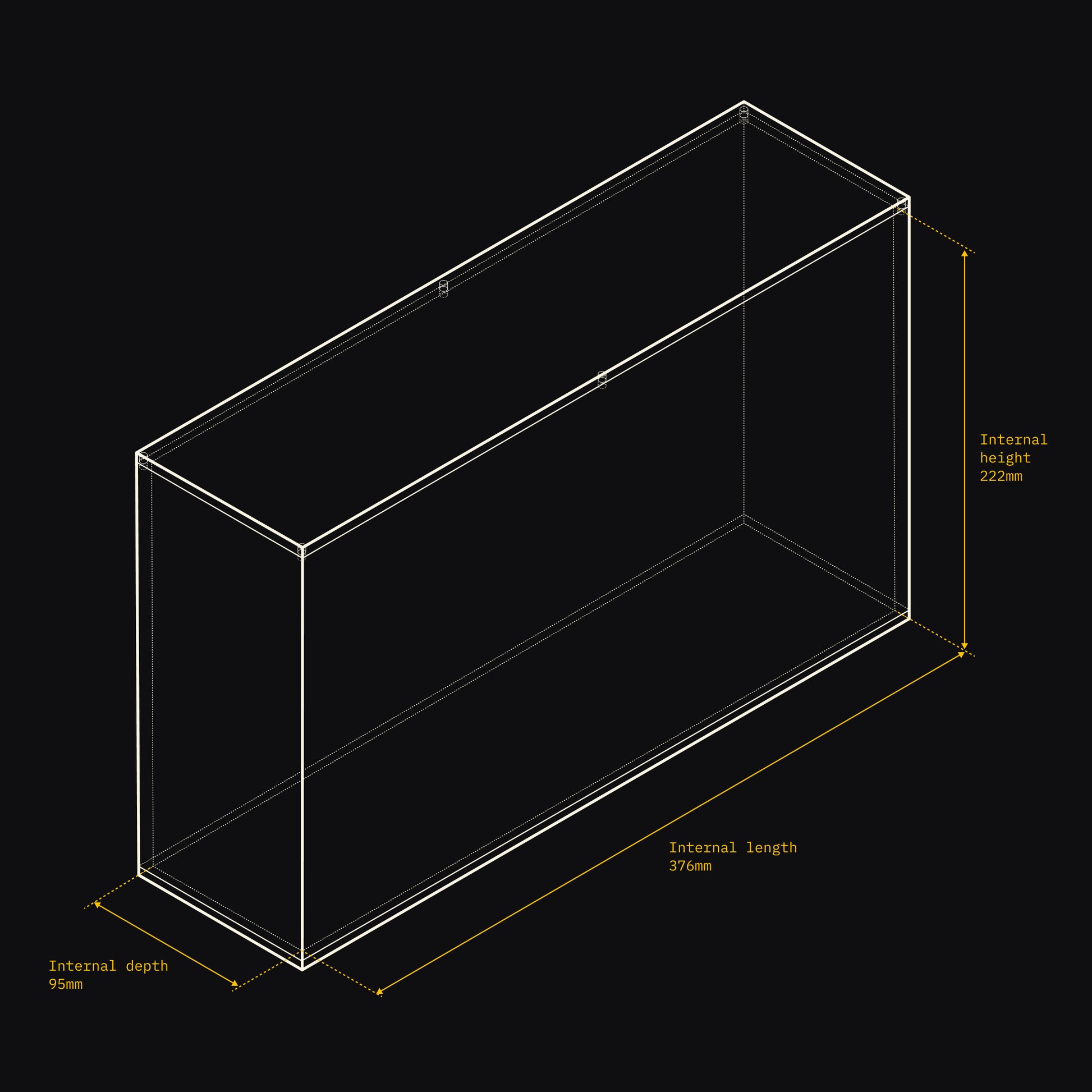Technical drawing of an Acrylix display case with dimensions on a black background