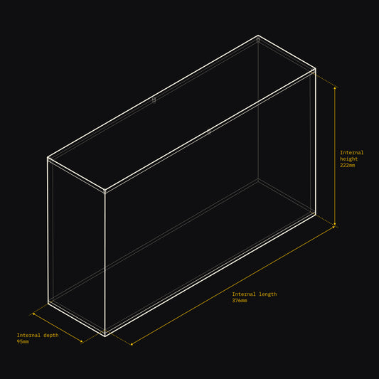 Technical drawing of an Acrylix display case with dimensions on a black background
