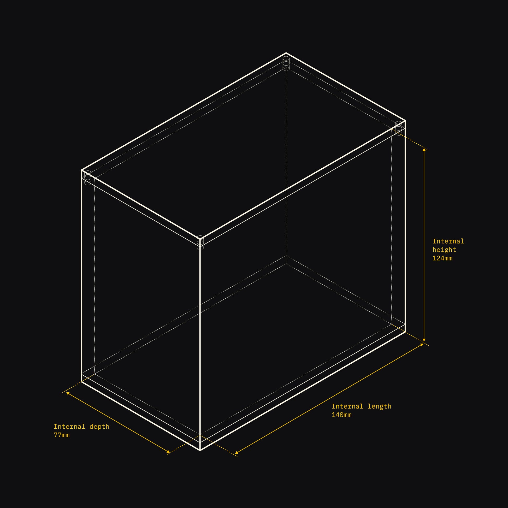 Technical drawing of an Acrylix display case with dimensions on a black background