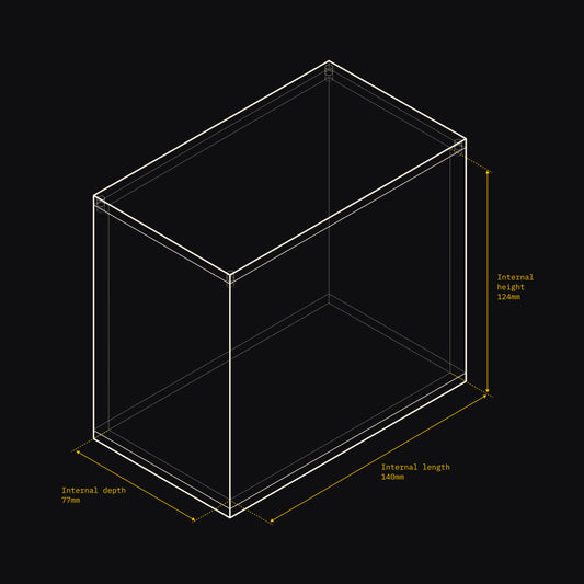 Technical drawing of an Acrylix display case with dimensions on a black background