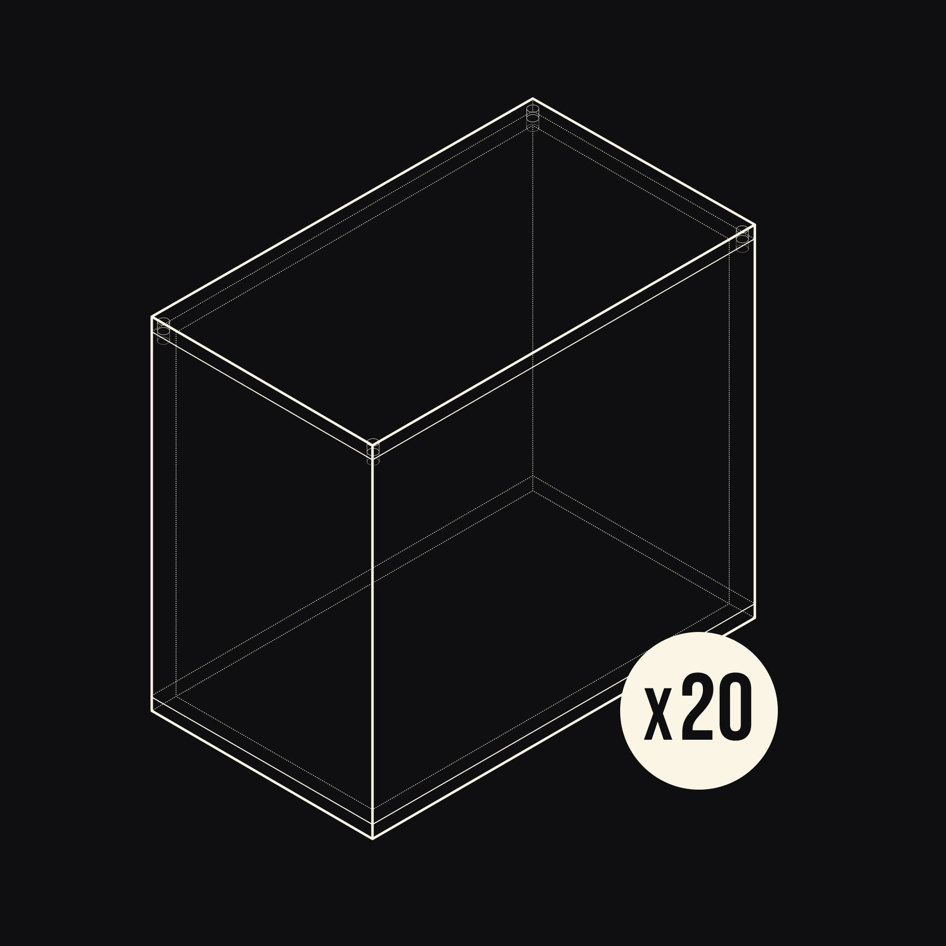 Technical drawing of an Acrylix display case with a 'x20' label on a black background