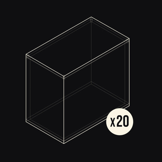 Technical drawing of an Acrylix display case with a 'x20' label on a black background