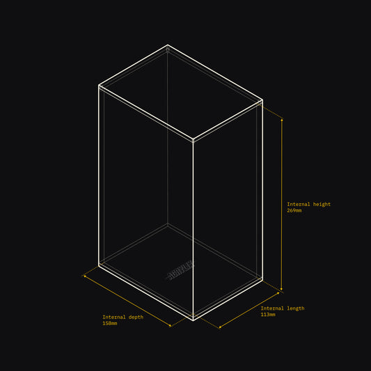 Technical drawing of an Acrylix display case with dimensions on a black background